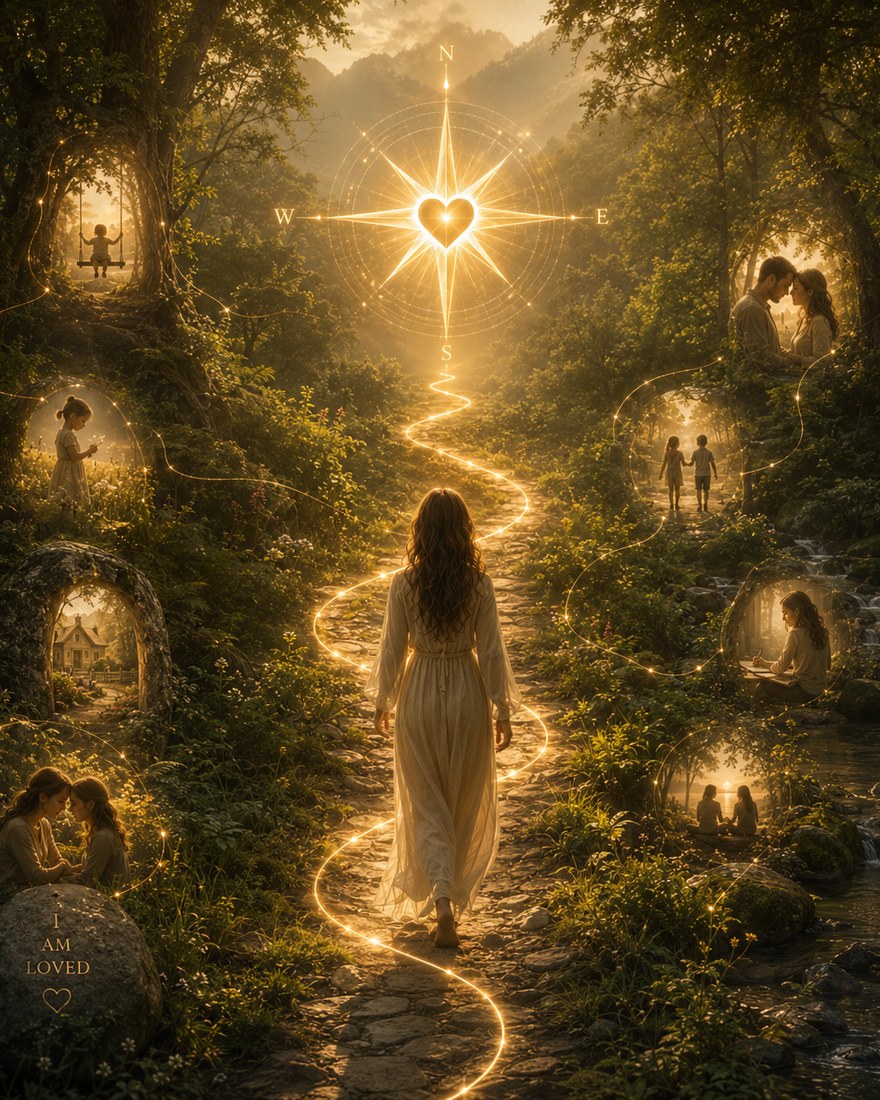 A woman walking a lit path through a forest, memories of her life glowing along it, a heart-compass above