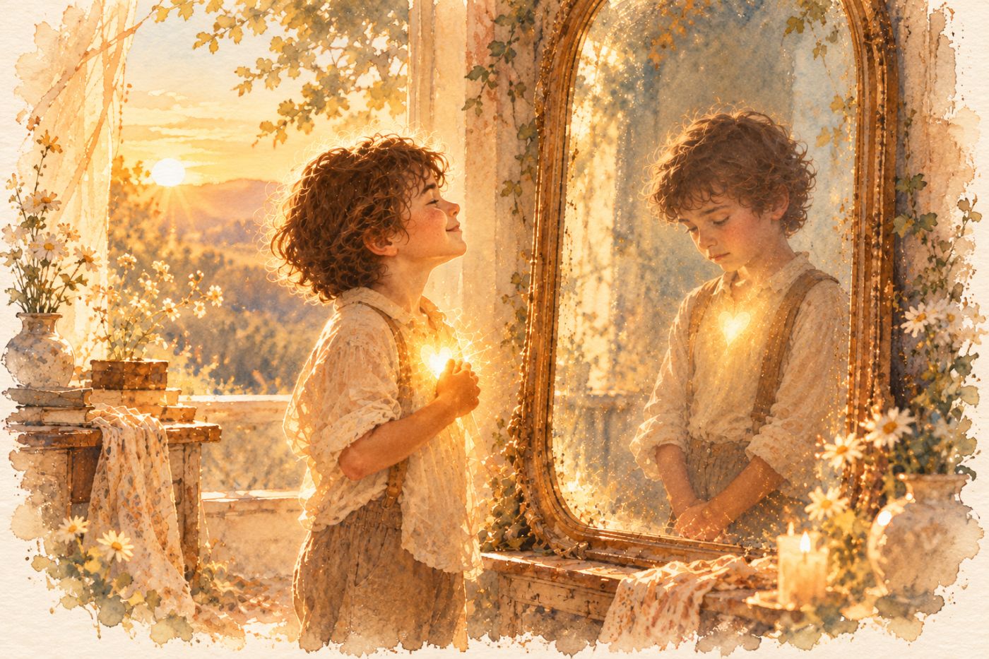 A watercolor of a smiling boy looking into a mirror at a sadder reflection of himself