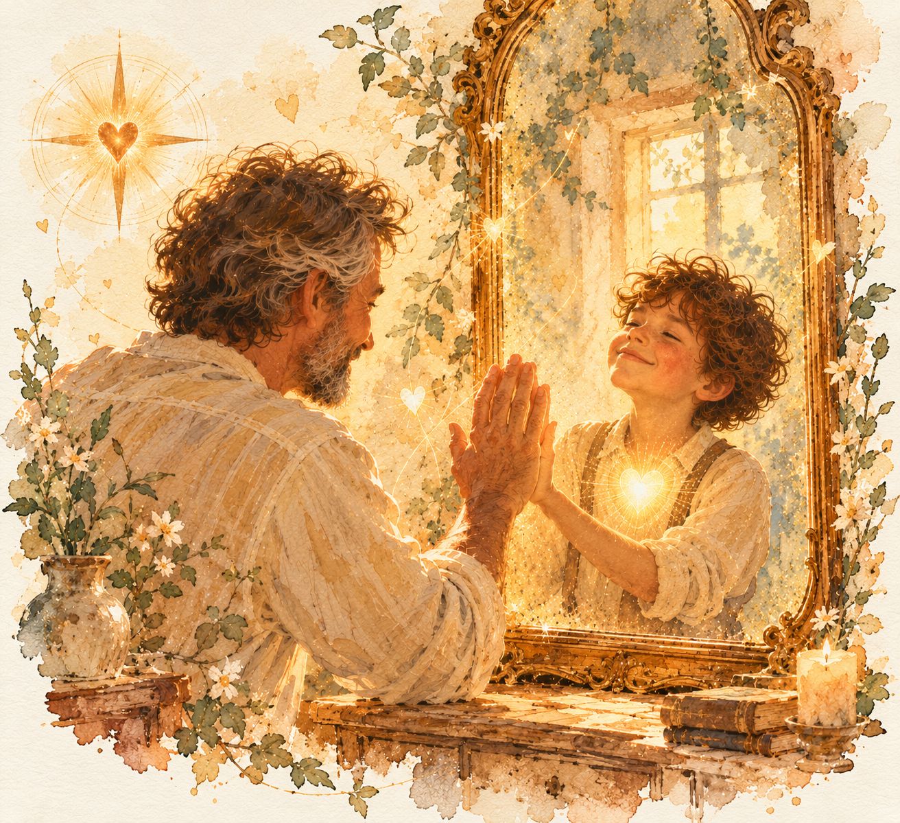 A watercolor of a man pressing his palm to a mirror where his smiling younger self, a glowing heart in his chest, reaches back