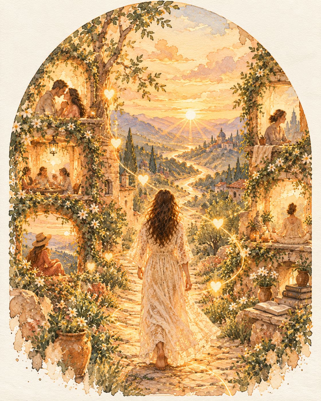 A watercolor of a woman walking a golden path past alcoves of love, work, family, travel, meditation, and study