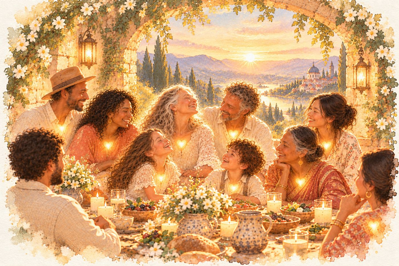 A watercolor of a family gathered around a candlelit table beneath a sunlit arch, golden threads and hearts connecting them