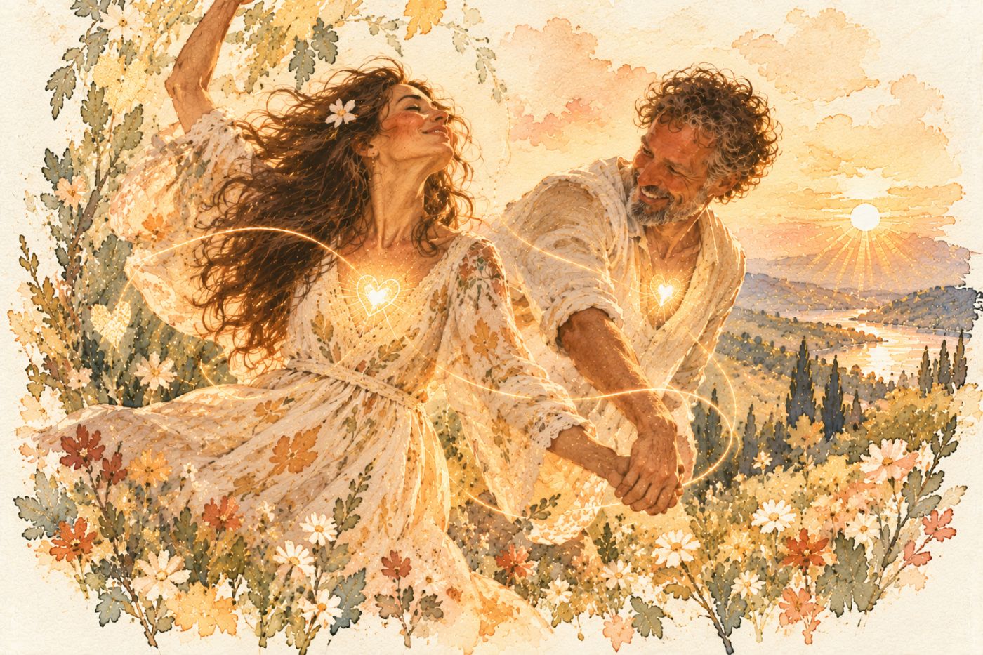 A watercolor of a woman and man dancing hand in hand through sunset wildflowers, glowing hearts in their chests