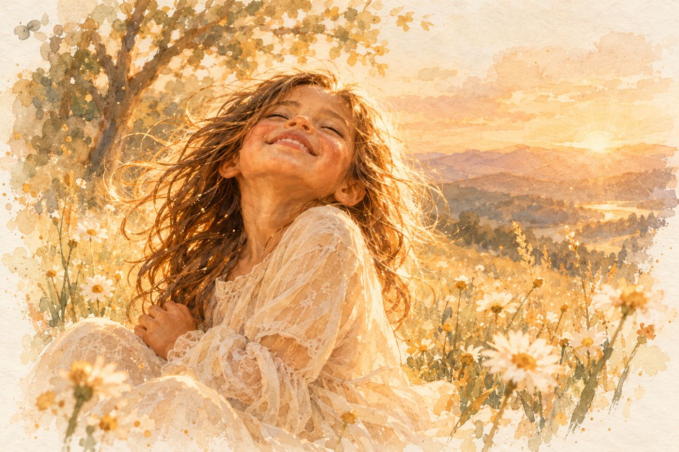 A watercolor of a child laughing with eyes closed in a golden meadow at sunset