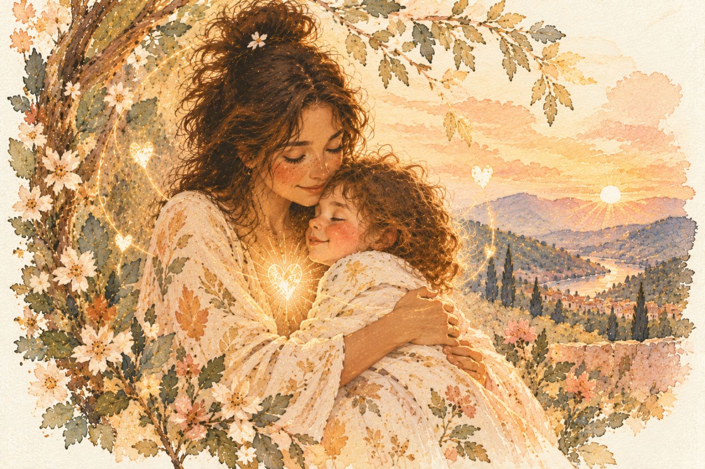 A watercolor of a mother holding her child cheek to cheek beneath a blossoming tree at sunset, golden threads and hearts around them