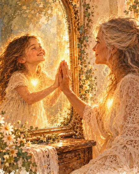 A woman with long silver hair smiles at a mirror, where her younger self presses a hand to hers